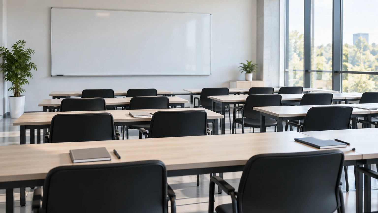 Salle de formation professionnelle prête pour un atelier pratique